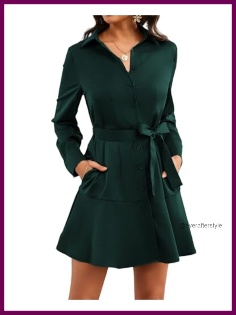Women's Satin Long Sleeve Button Up Midi Shift Dress with Pockets Work Office